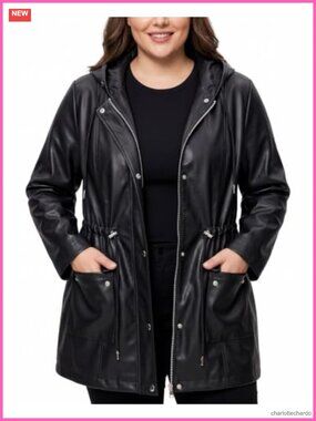 Plus Size Faux Leather Hooded Jacket Drawstring Waist Knee Length
